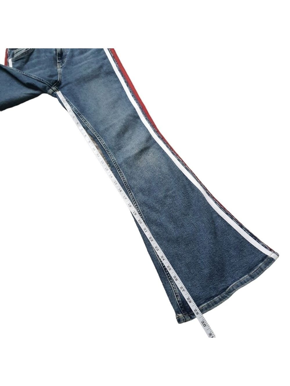 ๐บ๐ธ Topshop Jeans Moto Jamie Flare Womens 28 High Waisted Red White Blue Stripe - Picture 7 of 12